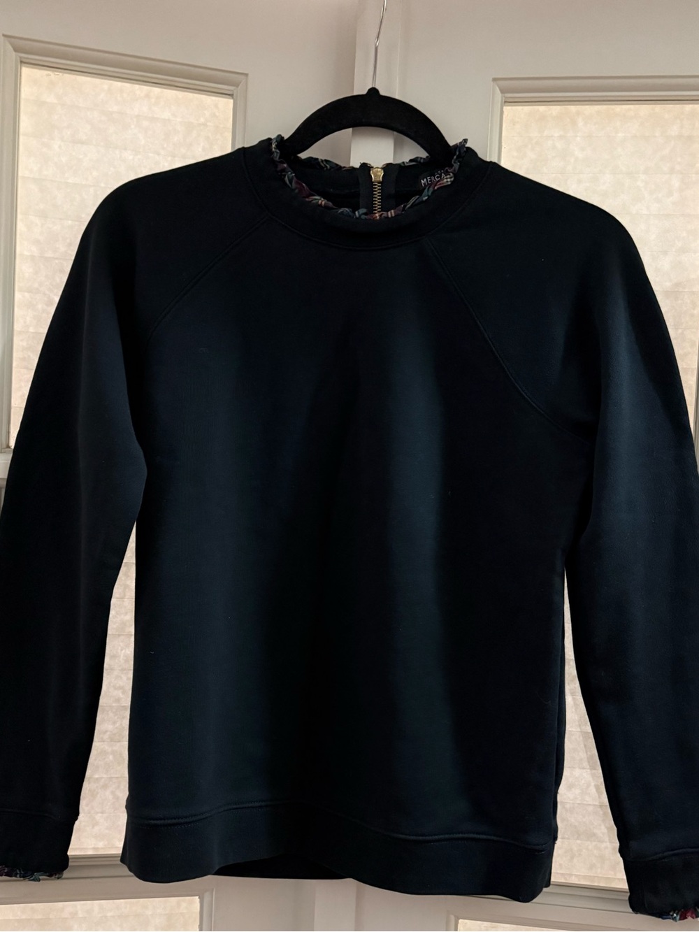 J. Crew Black Crewneck Sweatshirt with Ruffle Trim Neckline